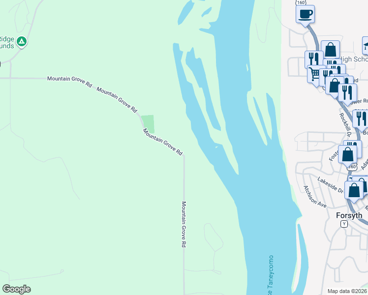 map of restaurants, bars, coffee shops, grocery stores, and more near 1385 Mountain Grove Rd in Branson