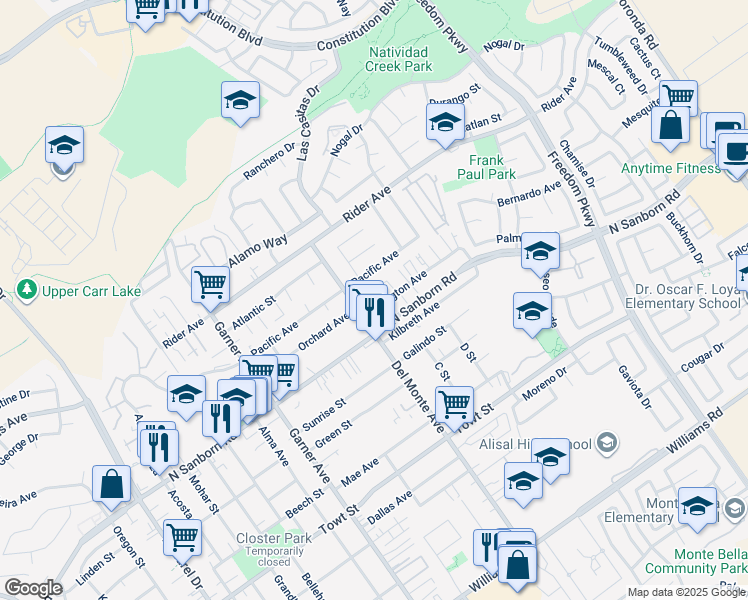 map of restaurants, bars, coffee shops, grocery stores, and more near 715 Elkington Avenue in Salinas