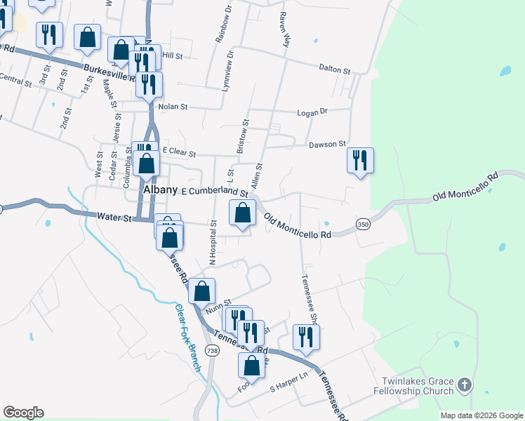 map of restaurants, bars, coffee shops, grocery stores, and more near Kentucky 350 in Albany