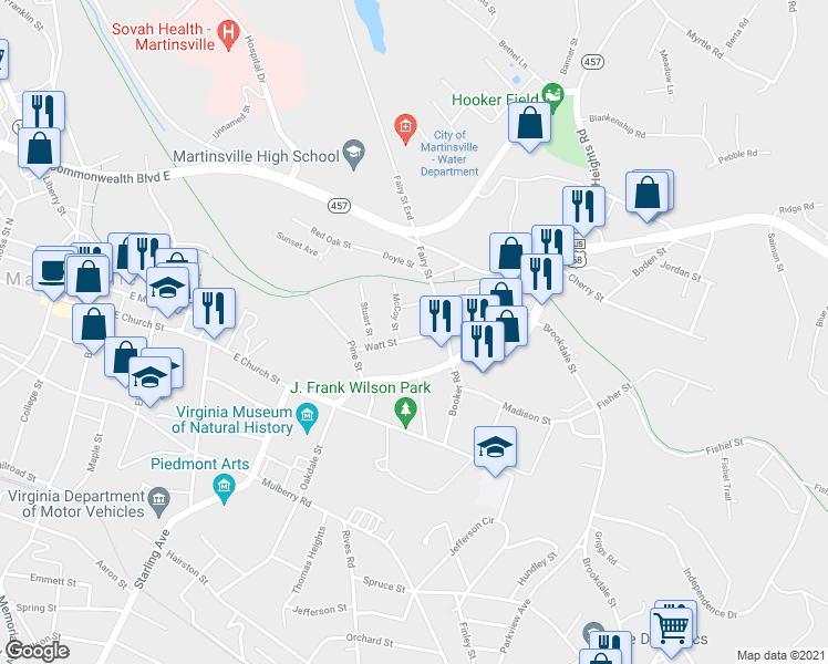 map of restaurants, bars, coffee shops, grocery stores, and more near 623 Watt Street in Martinsville