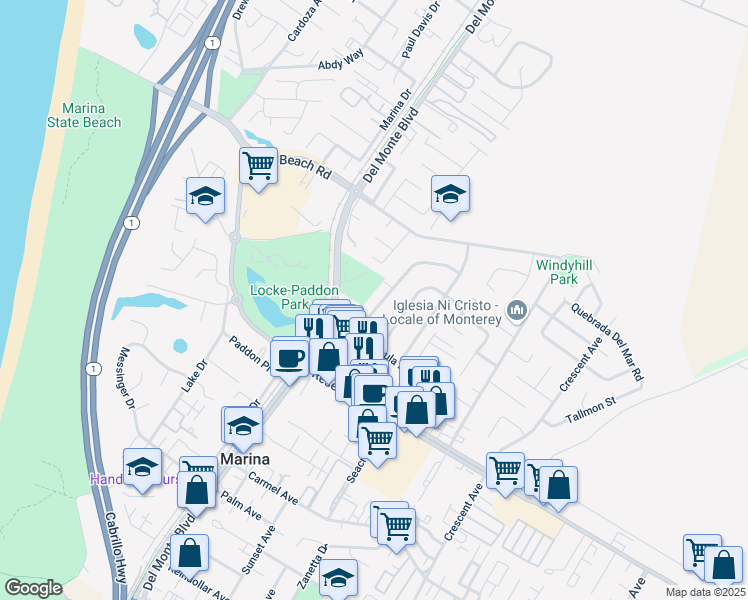 map of restaurants, bars, coffee shops, grocery stores, and more near 3195 Susan Avenue in Marina