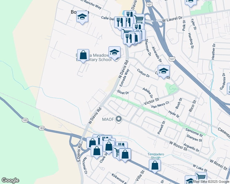 map of restaurants, bars, coffee shops, grocery stores, and more near 890 Sloat Drive in Salinas