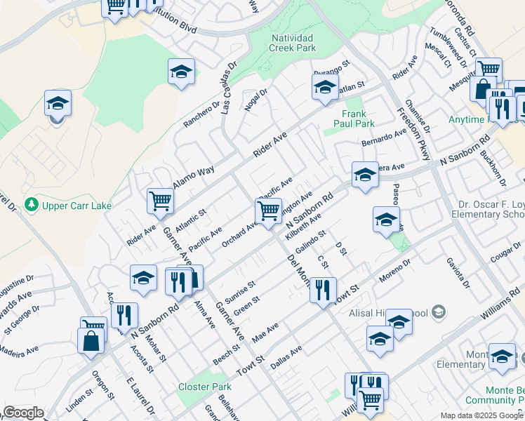 map of restaurants, bars, coffee shops, grocery stores, and more near 715 Elkington Avenue in Salinas