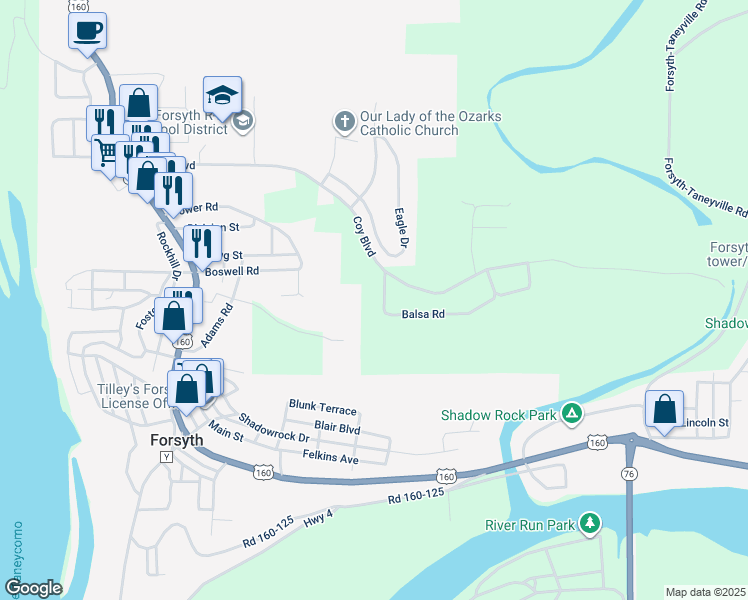 map of restaurants, bars, coffee shops, grocery stores, and more near 150 Balsa Road in Forsyth