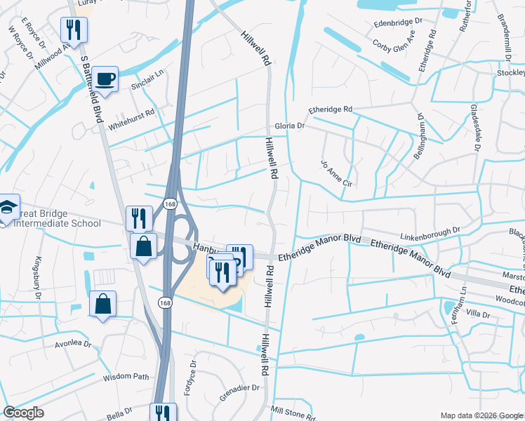 map of restaurants, bars, coffee shops, grocery stores, and more near 328 Windlesham Drive in Chesapeake