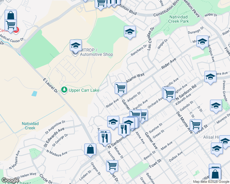 map of restaurants, bars, coffee shops, grocery stores, and more near 788 Garner Avenue in Salinas