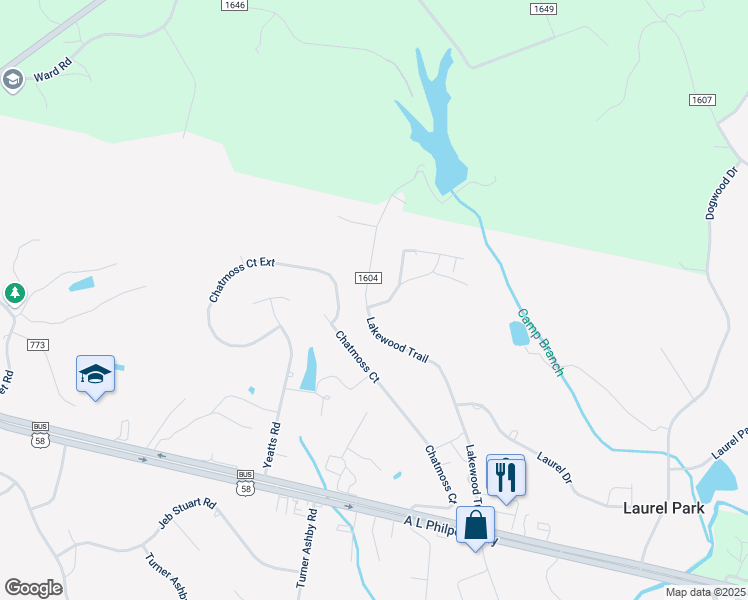 map of restaurants, bars, coffee shops, grocery stores, and more near 664 Lakewood Trail in Martinsville