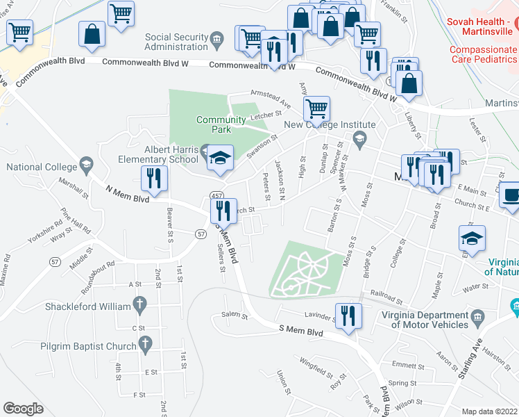 map of restaurants, bars, coffee shops, grocery stores, and more near 518 W Church St in Martinsville
