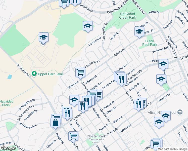 map of restaurants, bars, coffee shops, grocery stores, and more near 1053 Atlantic Street in Salinas