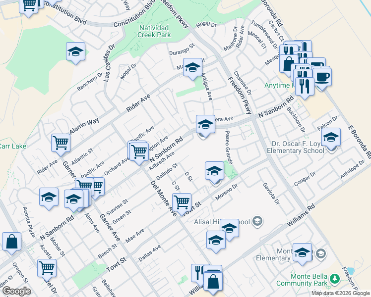 map of restaurants, bars, coffee shops, grocery stores, and more near 802 Kilbreth Avenue in Salinas
