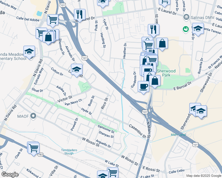 map of restaurants, bars, coffee shops, grocery stores, and more near 9 Rico Circle in Salinas