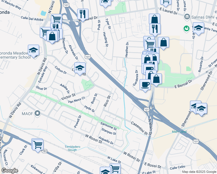 map of restaurants, bars, coffee shops, grocery stores, and more near 9 Rico Circle in Salinas