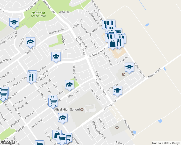 map of restaurants, bars, coffee shops, grocery stores, and more near 1152 Oso Court in Salinas