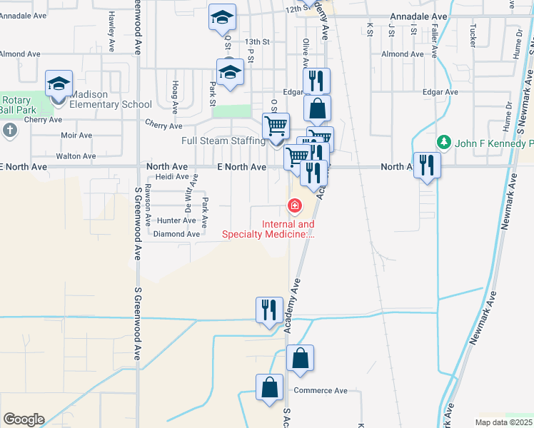 map of restaurants, bars, coffee shops, grocery stores, and more near 3117 Sanger Avenue in Sanger