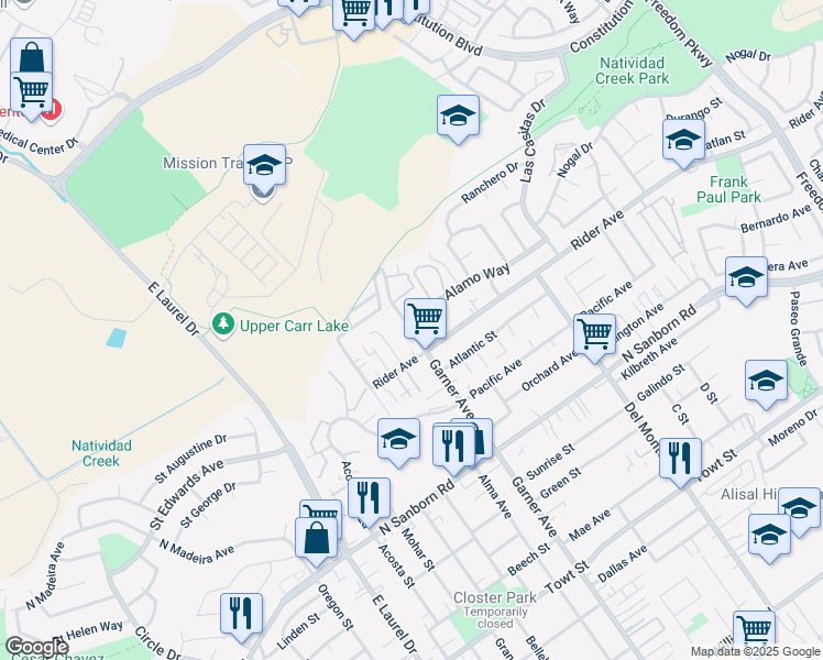 map of restaurants, bars, coffee shops, grocery stores, and more near 788 Garner Avenue in Salinas