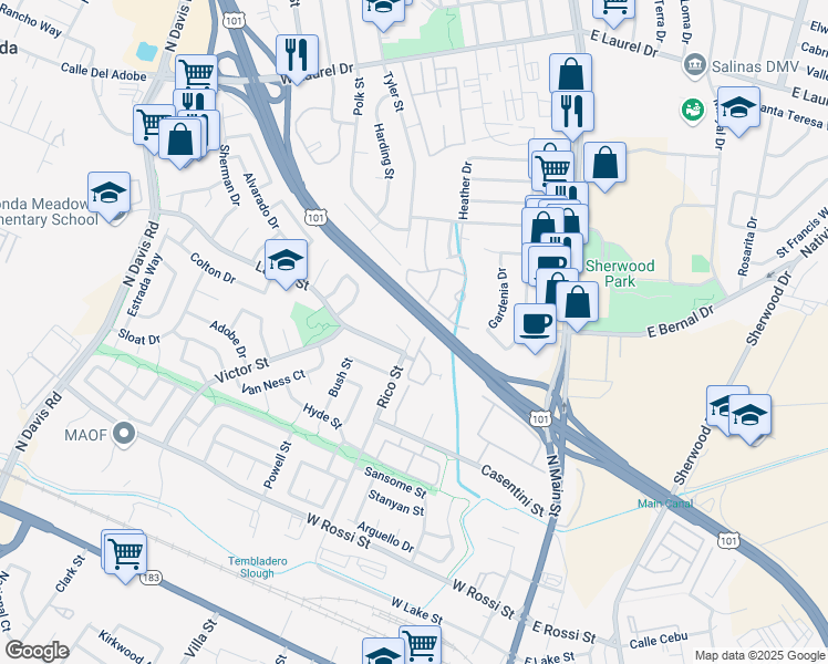 map of restaurants, bars, coffee shops, grocery stores, and more near 9 Rico Circle in Salinas