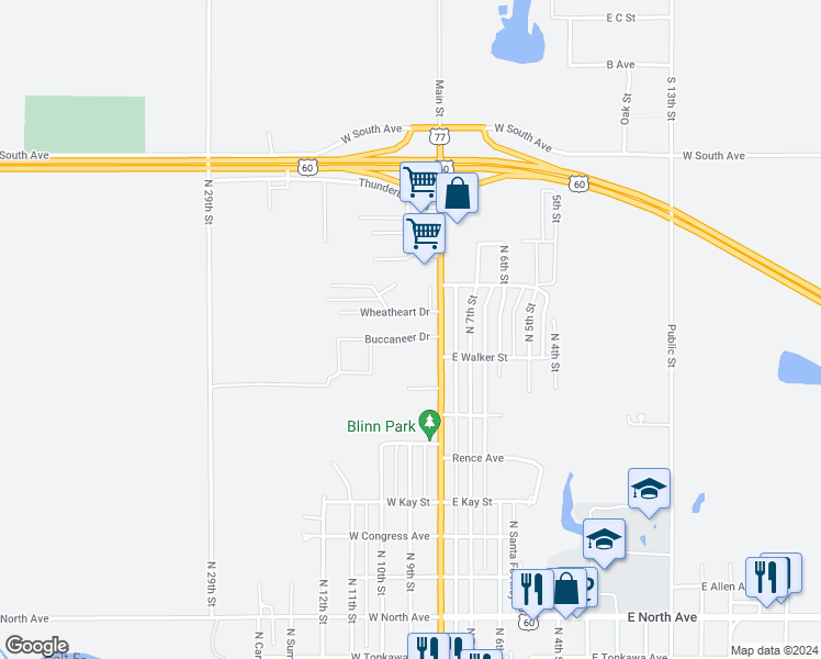 map of restaurants, bars, coffee shops, grocery stores, and more near 102 Buccaneer Drive in Tonkawa