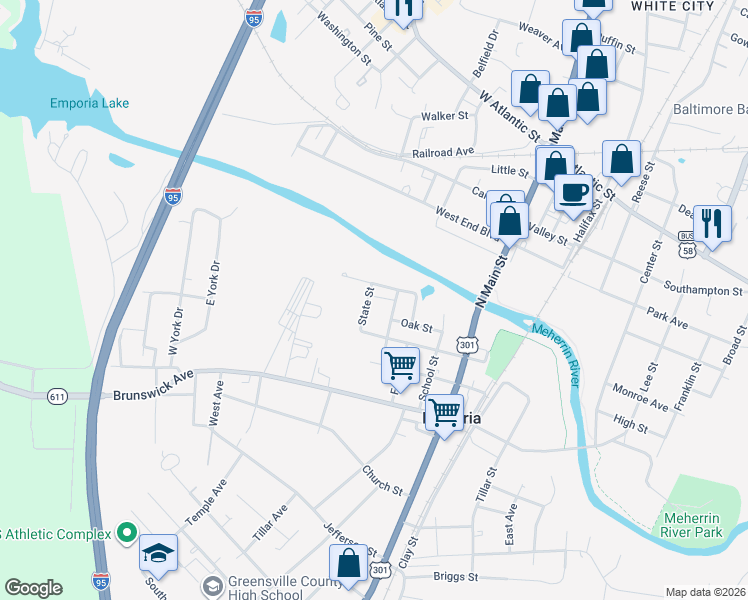 map of restaurants, bars, coffee shops, grocery stores, and more near 107 State Street in Emporia