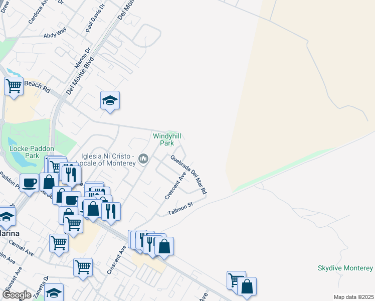 map of restaurants, bars, coffee shops, grocery stores, and more near 3242 Estrella Del Mar Way in Marina