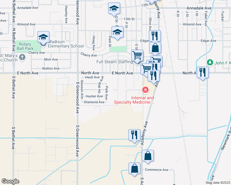 map of restaurants, bars, coffee shops, grocery stores, and more near 3145 Swan Avenue in Sanger