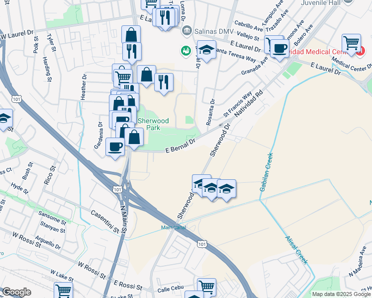 map of restaurants, bars, coffee shops, grocery stores, and more near 58 East Bernal Drive in Salinas