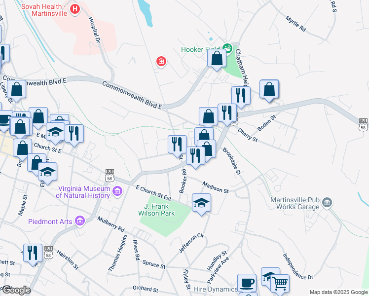map of restaurants, bars, coffee shops, grocery stores, and more near 725 Watt Street in Martinsville