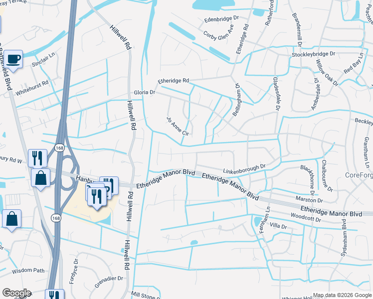 map of restaurants, bars, coffee shops, grocery stores, and more near 428 Ravenstone Drive in Chesapeake