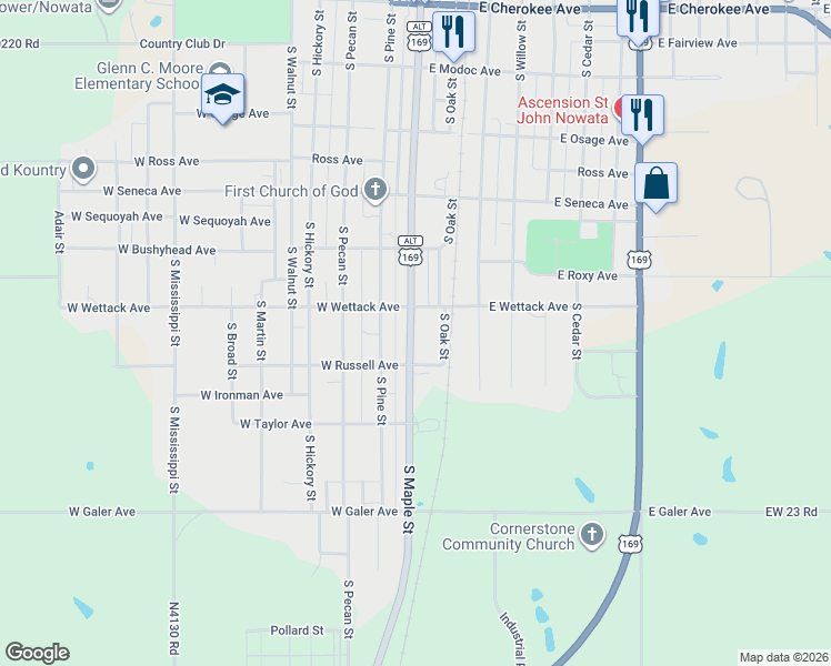 map of restaurants, bars, coffee shops, grocery stores, and more near 623 South Maple Street in Nowata