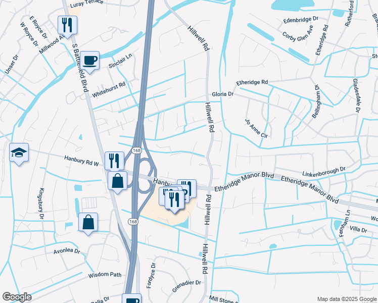 map of restaurants, bars, coffee shops, grocery stores, and more near 320 Windlesham Drive in Chesapeake