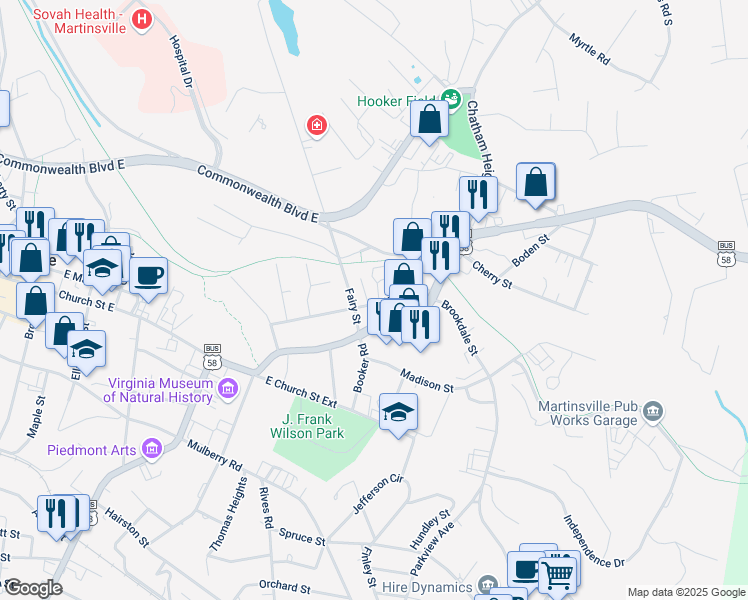 map of restaurants, bars, coffee shops, grocery stores, and more near 725 Watt Street in Martinsville
