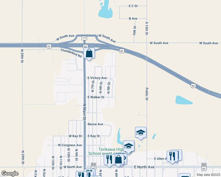 map of restaurants, bars, coffee shops, grocery stores, and more near 1100 North 5th Street in Tonkawa