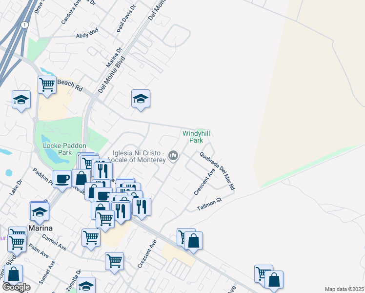 map of restaurants, bars, coffee shops, grocery stores, and more near 3251 De Forest Road in Marina