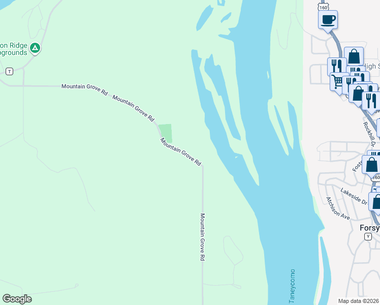 map of restaurants, bars, coffee shops, grocery stores, and more near 1385 Mountain Grove Rd in Branson