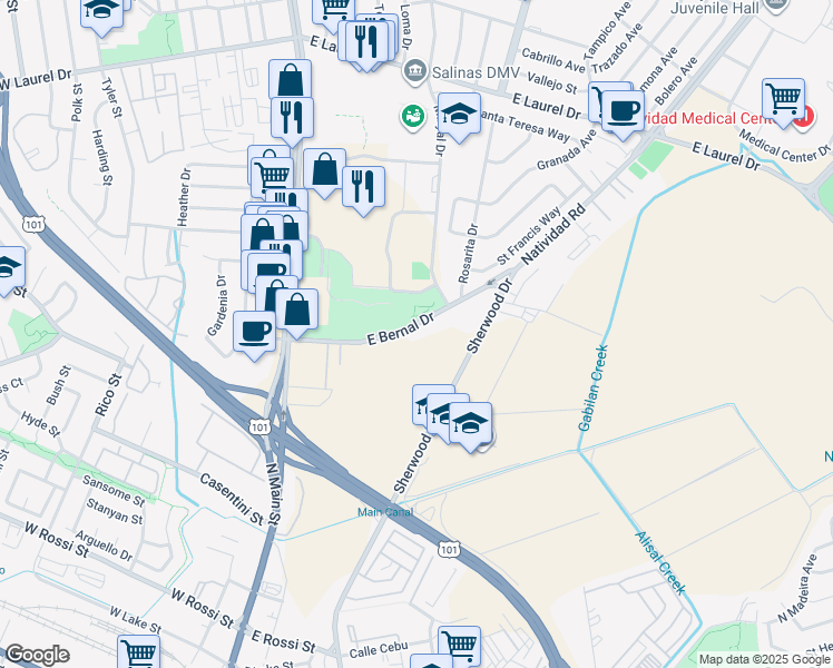 map of restaurants, bars, coffee shops, grocery stores, and more near 58 East Bernal Drive in Salinas