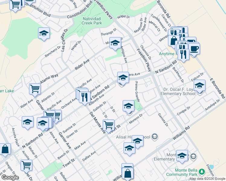map of restaurants, bars, coffee shops, grocery stores, and more near 802 Kilbreth Avenue in Salinas