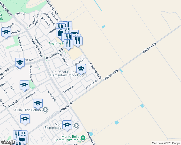 map of restaurants, bars, coffee shops, grocery stores, and more near 1521 Cougar Drive in Salinas