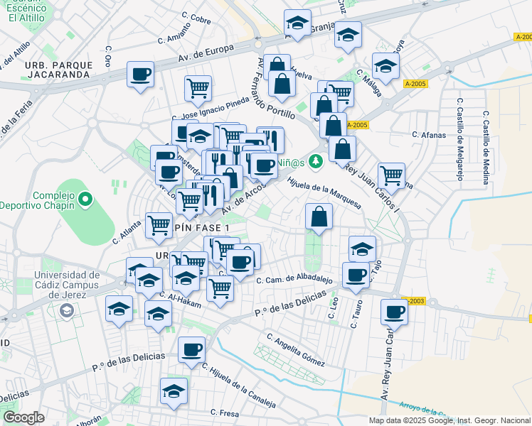 map of restaurants, bars, coffee shops, grocery stores, and more near 38 Calle Pisuerga in Jerez de la Frontera