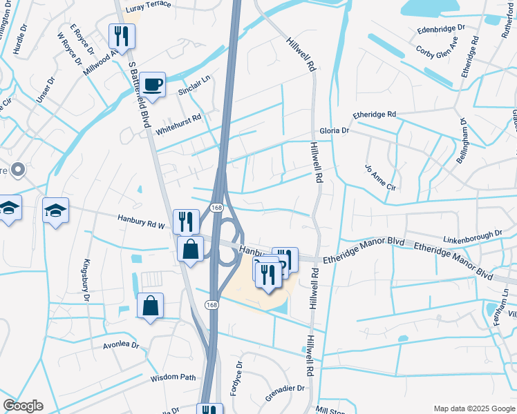 map of restaurants, bars, coffee shops, grocery stores, and more near 304 Windlesham Drive in Chesapeake
