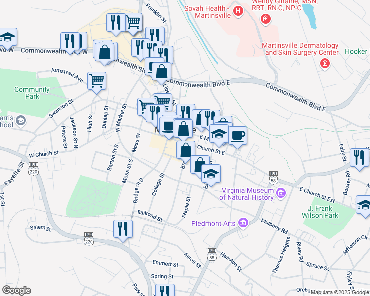 map of restaurants, bars, coffee shops, grocery stores, and more near 10 Broad Street in Martinsville