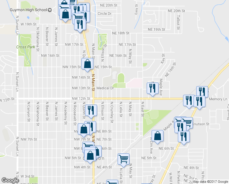 map of restaurants, bars, coffee shops, grocery stores, and more near 1209 North Crumley Street in Guymon