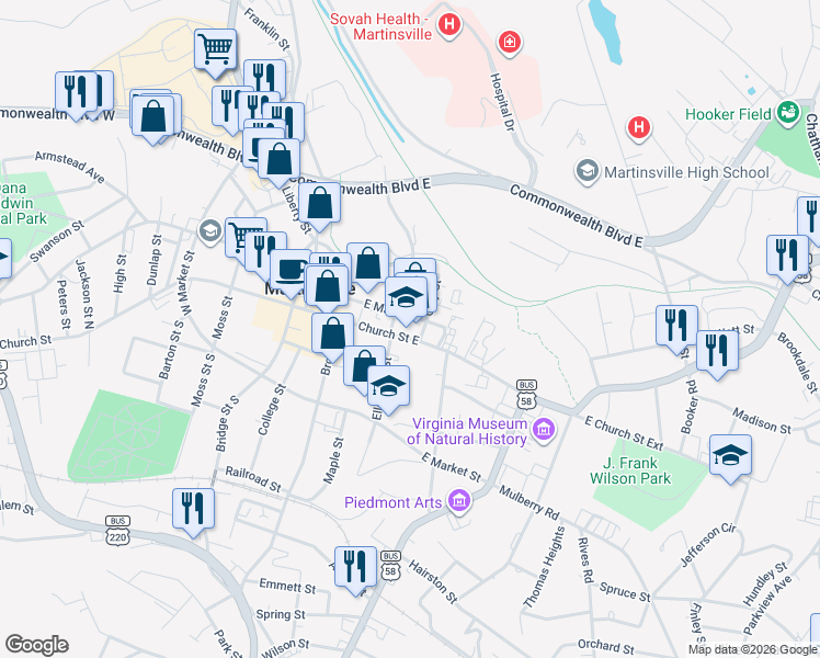 map of restaurants, bars, coffee shops, grocery stores, and more near 215 East Church Street in Martinsville