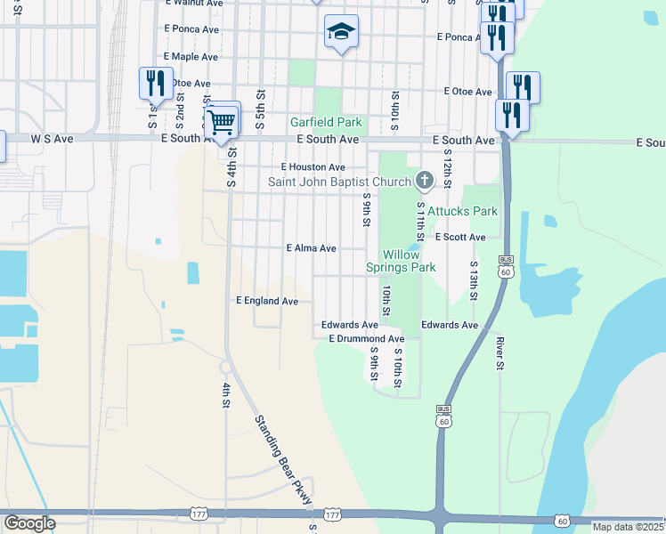 map of restaurants, bars, coffee shops, grocery stores, and more near 1314 South 8th Street in Ponca City