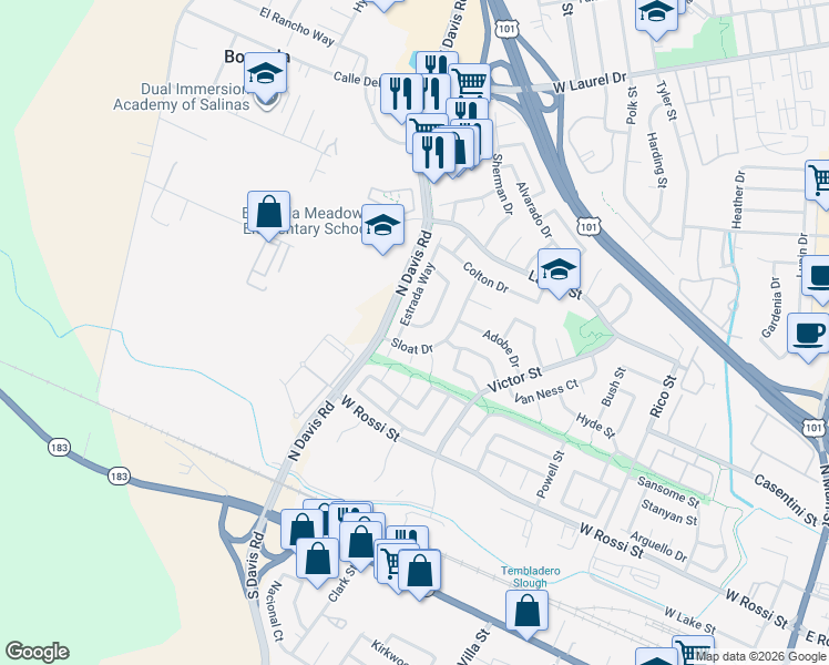 map of restaurants, bars, coffee shops, grocery stores, and more near in Salinas
