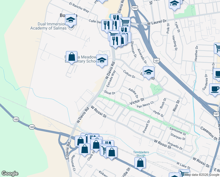 map of restaurants, bars, coffee shops, grocery stores, and more near in Salinas