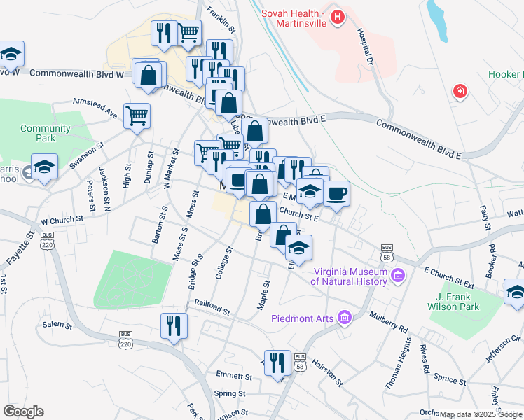 map of restaurants, bars, coffee shops, grocery stores, and more near 10 Broad Street in Martinsville