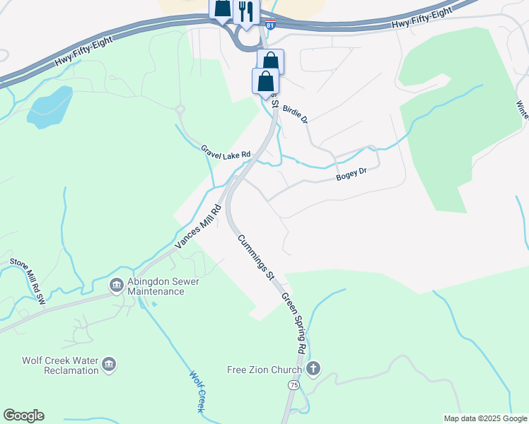 map of restaurants, bars, coffee shops, grocery stores, and more near 422 Fairway Drive in Abingdon