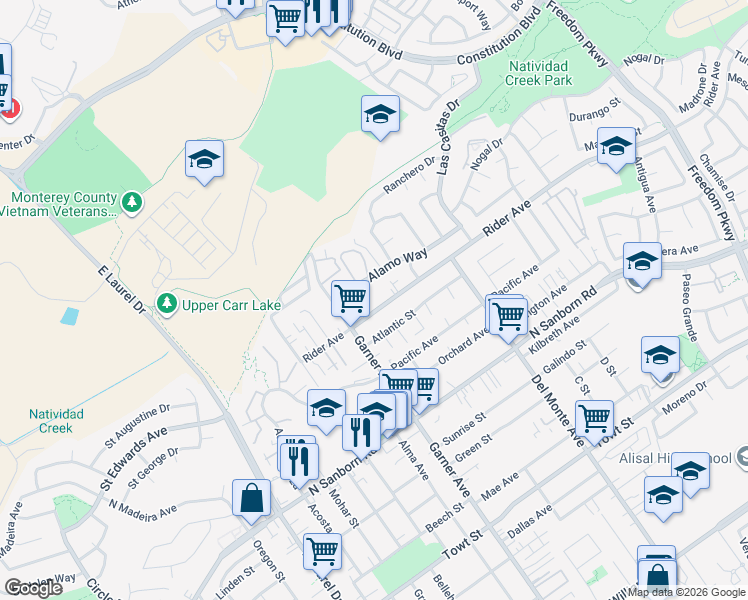 map of restaurants, bars, coffee shops, grocery stores, and more near 1037 Rider Avenue in Salinas