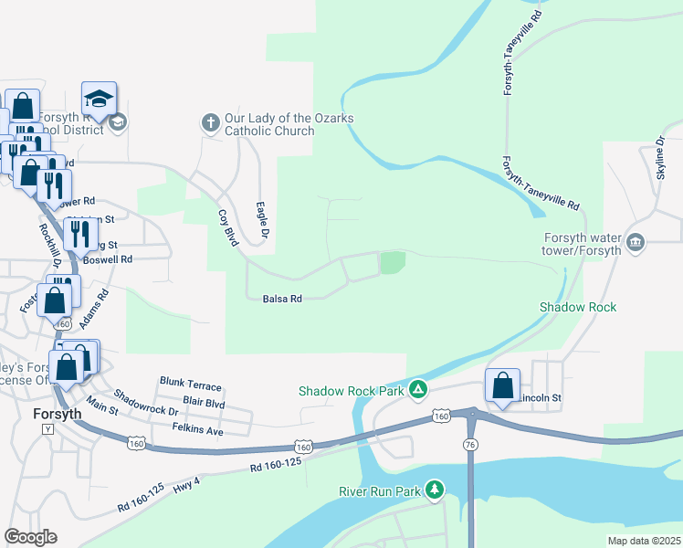map of restaurants, bars, coffee shops, grocery stores, and more near 150-152 Balsa Road in Forsyth
