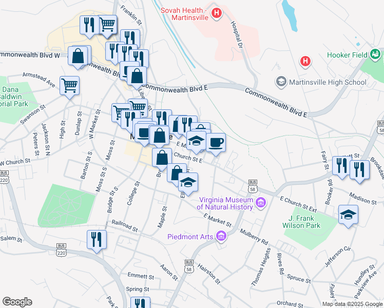 map of restaurants, bars, coffee shops, grocery stores, and more near 215 East Church Street in Martinsville