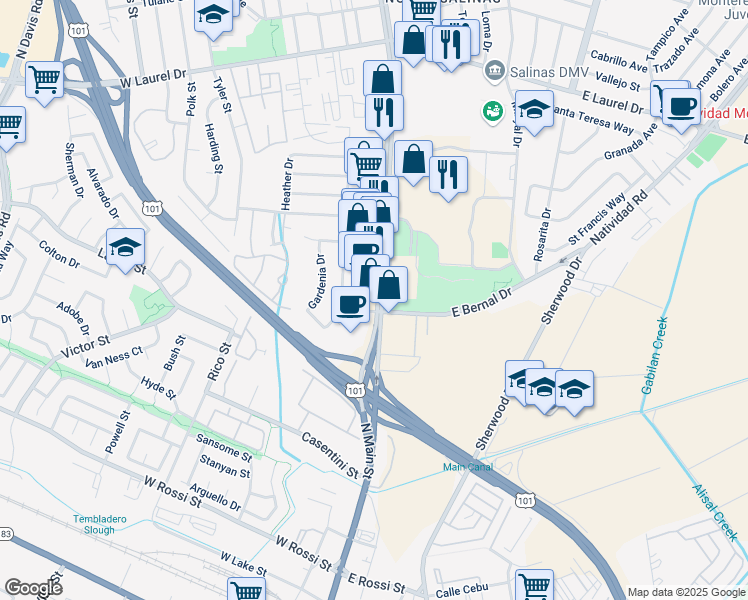 map of restaurants, bars, coffee shops, grocery stores, and more near 901 North Main Street in Salinas